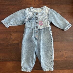 Vintage Little Levi’s acid wash denim button front romper with floral panel 2T